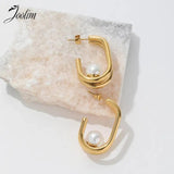 Double Layered Hoop Stainless Steel Earring with Big Pearl