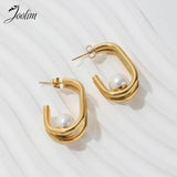 Double Layered Hoop Stainless Steel Earring with Big Pearl