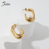 Double Layered Hoop Stainless Steel Earring with Big Pearl