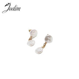 Flat Pearl Hoop Stainless Steel Pendant Earrings