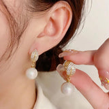 French Retro Zircon Leaf Pearl Ear Buckle Earrings