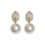 French Retro Zircon Leaf Pearl Ear Buckle Earrings