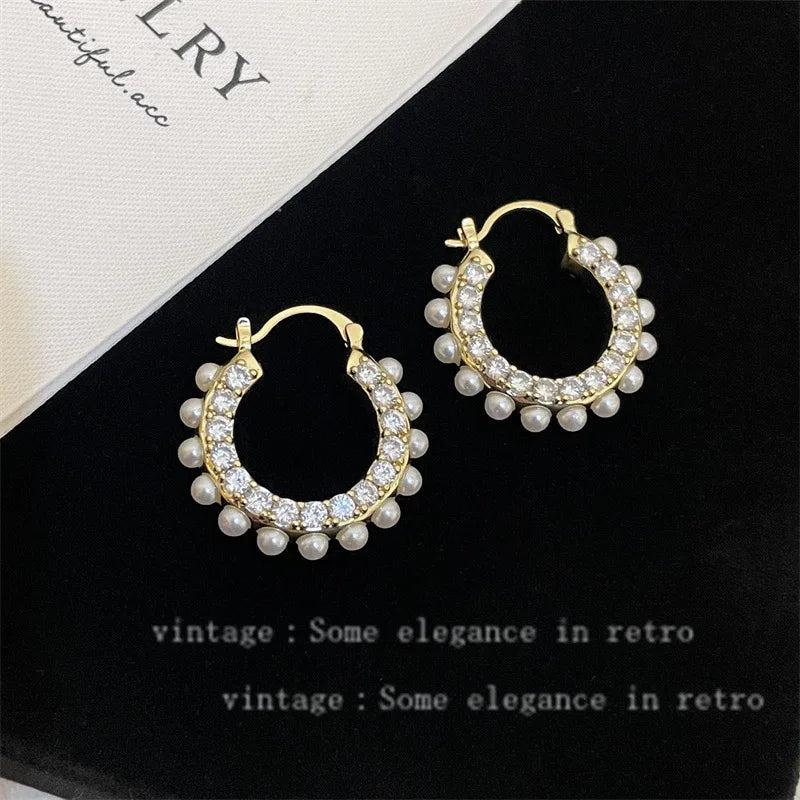 Geometric Zircon Pearls Sparkling Earrings