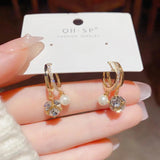 Zircon Square Ball Pearl Ear Clasp Earrings