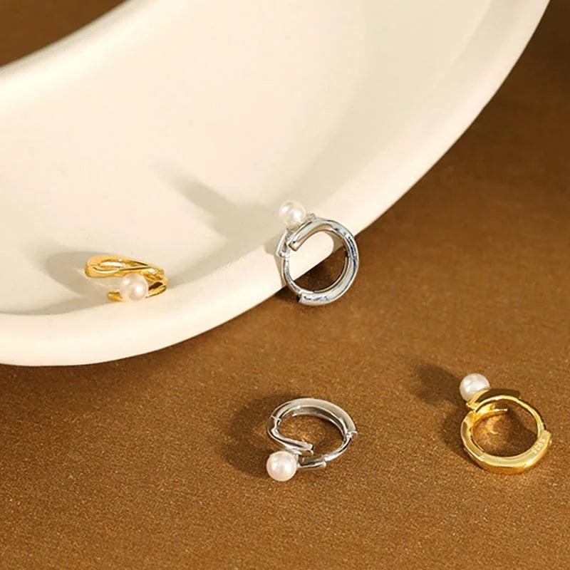 Geometric Silver Hoop Earrings with Pearl Drop