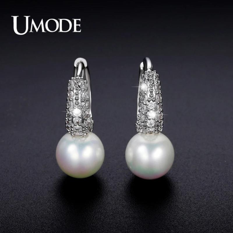 Tiny CZ Pave Simulated Pearl Rhodium Hoop Earrings