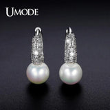 Tiny CZ Pave Simulated Pearl Rhodium Hoop Earrings