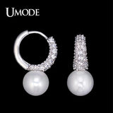 Tiny CZ Pave Simulated Pearl Rhodium Hoop Earrings