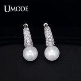 Tiny CZ Pave Simulated Pearl Rhodium Hoop Earrings