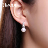 Tiny CZ Pave Simulated Pearl Rhodium Hoop Earrings