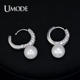 Tiny CZ Pave Simulated Pearl Rhodium Hoop Earrings