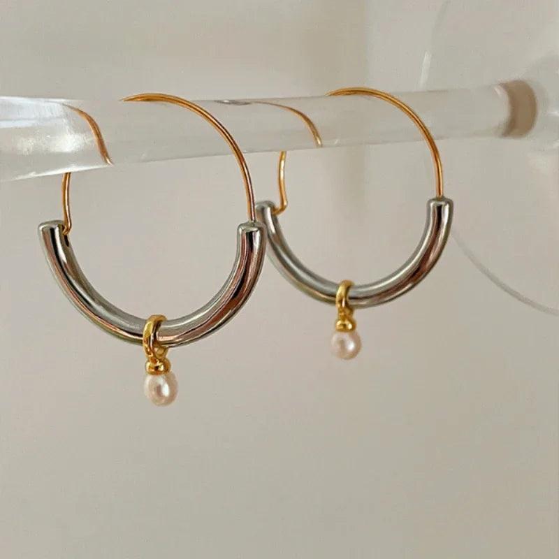 Metal Round Hoop Earrings with Pearl Dangle