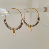 Metal Round Hoop Earrings with Pearl Dangle