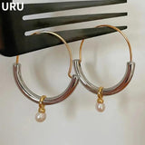 Metal Round Hoop Earrings with Pearl Dangle