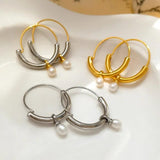 Metal Round Hoop Earrings with Pearl Dangle