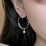 Metal Round Hoop Earrings with Pearl Dangle