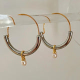 Metal Round Hoop Earrings with Pearl Dangle