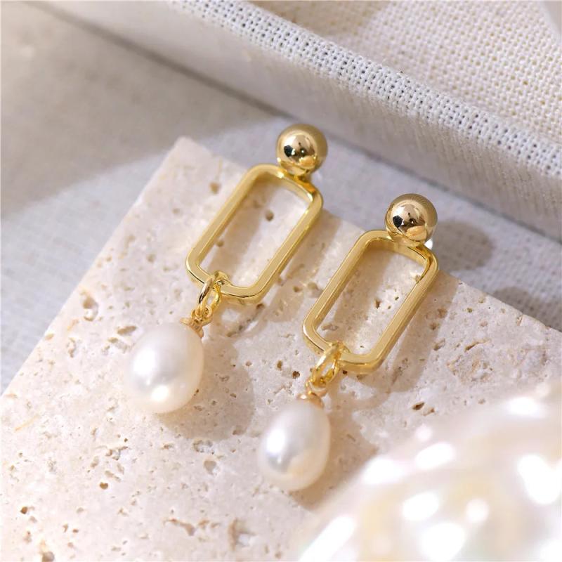 French Geometric Pearl Earrings for Women