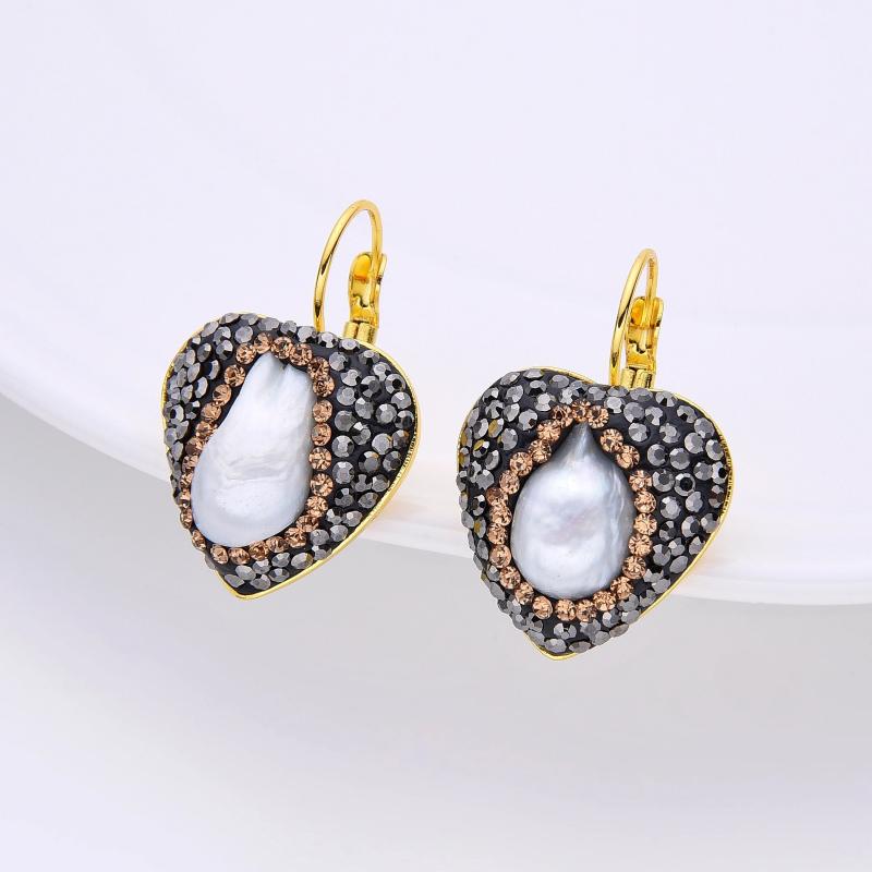 Baroque Freshwater Pearl Heart Earrings Rhinestone Hoop Jewelry Gift