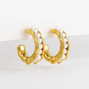 C Shape Hammered Hollow Pearl Beaded Hoop Earrings