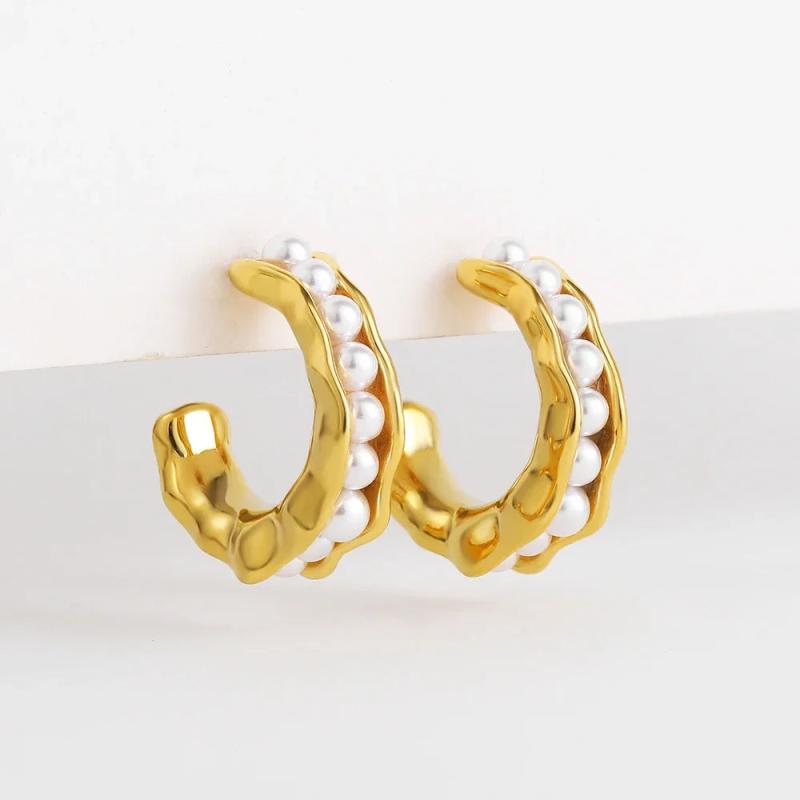 C Shape Hammered Hollow Pearl Beaded Hoop Earrings