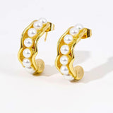 C Shape Hammered Hollow Pearl Beaded Hoop Earrings