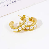 C Shape Hammered Hollow Pearl Beaded Hoop Earrings