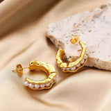 C Shape Hammered Hollow Pearl Beaded Hoop Earrings
