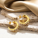 C Shape Hammered Hollow Pearl Beaded Hoop Earrings