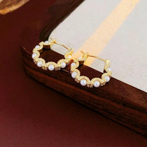 French Vintage Round Pearl Metal Earrings for Women Style Earrings
