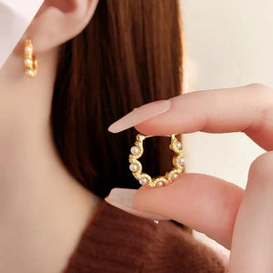 French Vintage Round Pearl Metal Earrings for Women Style Earrings