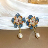Needle Pearl Zircon Crystal Flower Earrings Sweet Party Accessories