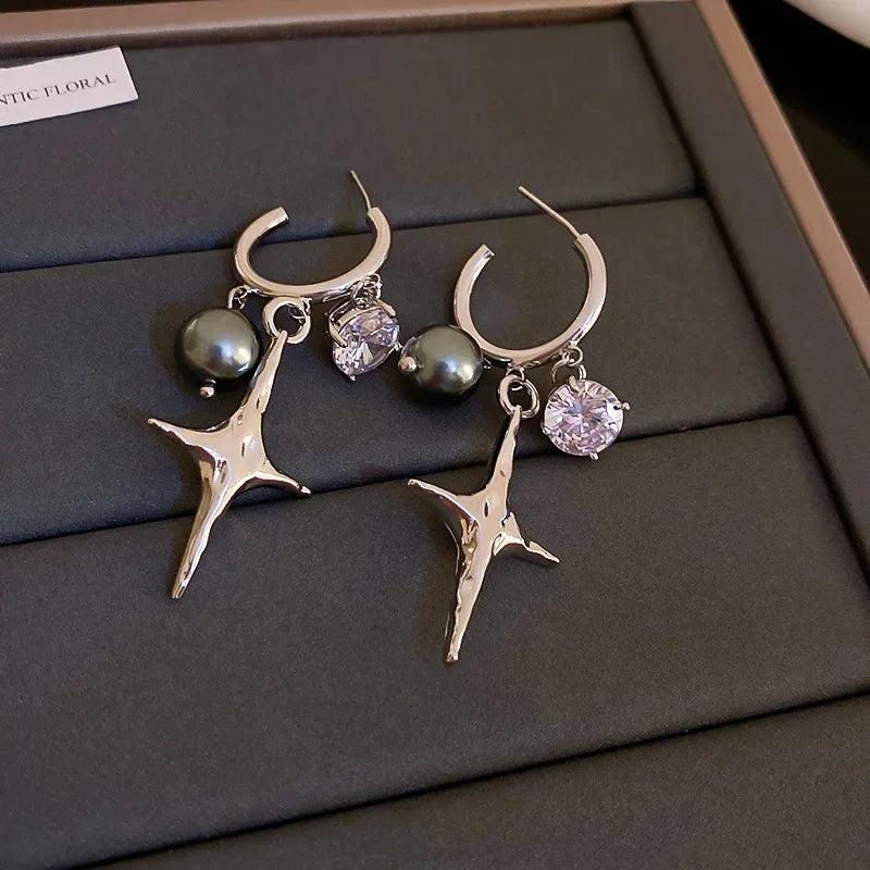 Punk Zircon Pearl Cross Pendant Earrings