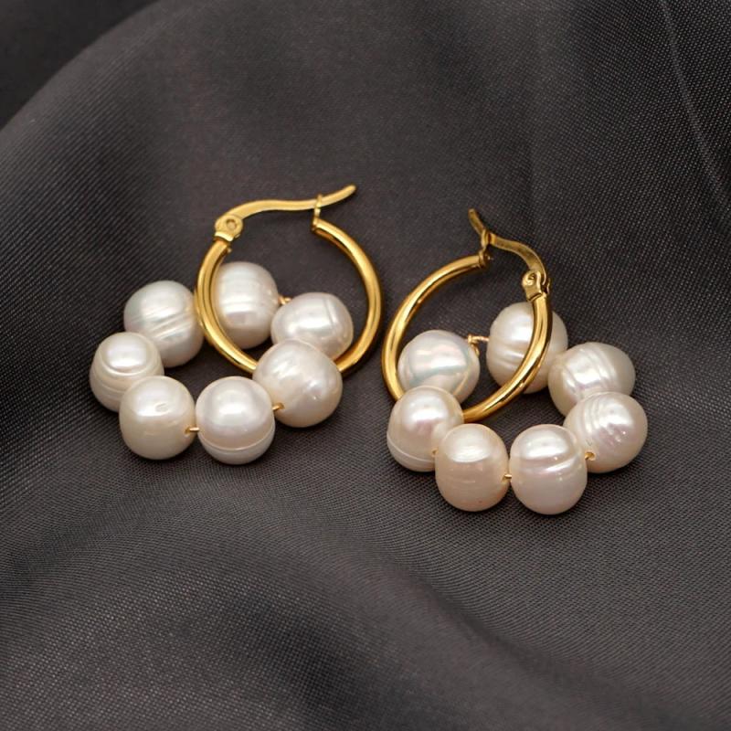 Freshwater Pearl Round Earrings Stainless Steel Hoop Earring Jewelry
