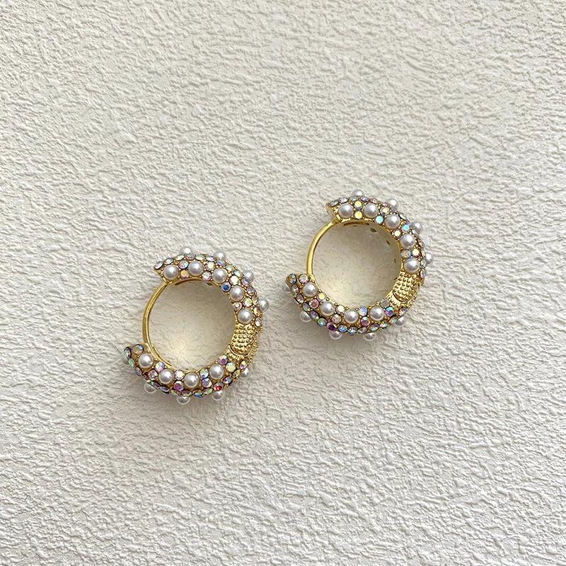 French Retro Pearls Round Hoop Earrings Dainty Rhinestone Small Earring