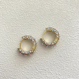 French Retro Pearls Round Hoop Earrings Dainty Rhinestone Small Earring