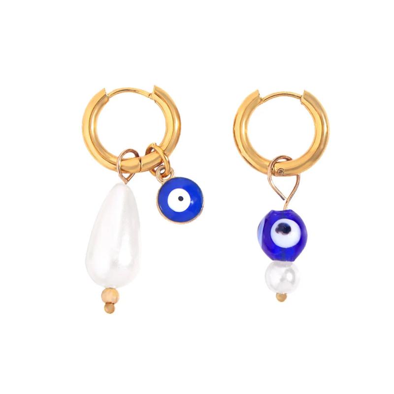 Evil Eye Stainless Steel Earrings Asymmetry Pearls Hoop Ear Rings