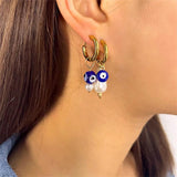 Evil Eye Stainless Steel Earrings Asymmetry Pearls Hoop Ear Rings