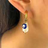 Evil Eye Stainless Steel Earrings Asymmetry Pearls Hoop Ear Rings
