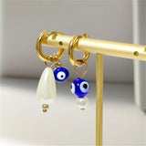 Evil Eye Stainless Steel Earrings Asymmetry Pearls Hoop Ear Rings