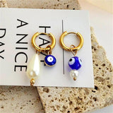 Evil Eye Stainless Steel Earrings Asymmetry Pearls Hoop Ear Rings