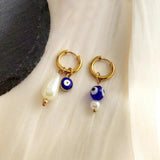 Evil Eye Stainless Steel Earrings Asymmetry Pearls Hoop Ear Rings