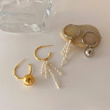 Metal Ball Pearl Hoop Earrings Vintage Asymmetric Charms