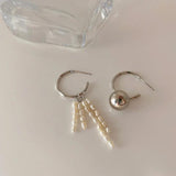 Metal Ball Pearl Hoop Earrings Vintage Asymmetric Charms