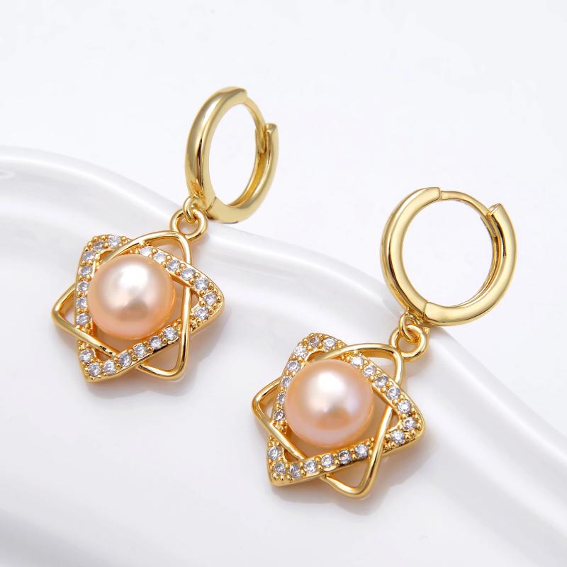 Freshwater Pearl Star Hoop Earrings Zircon Jewelry