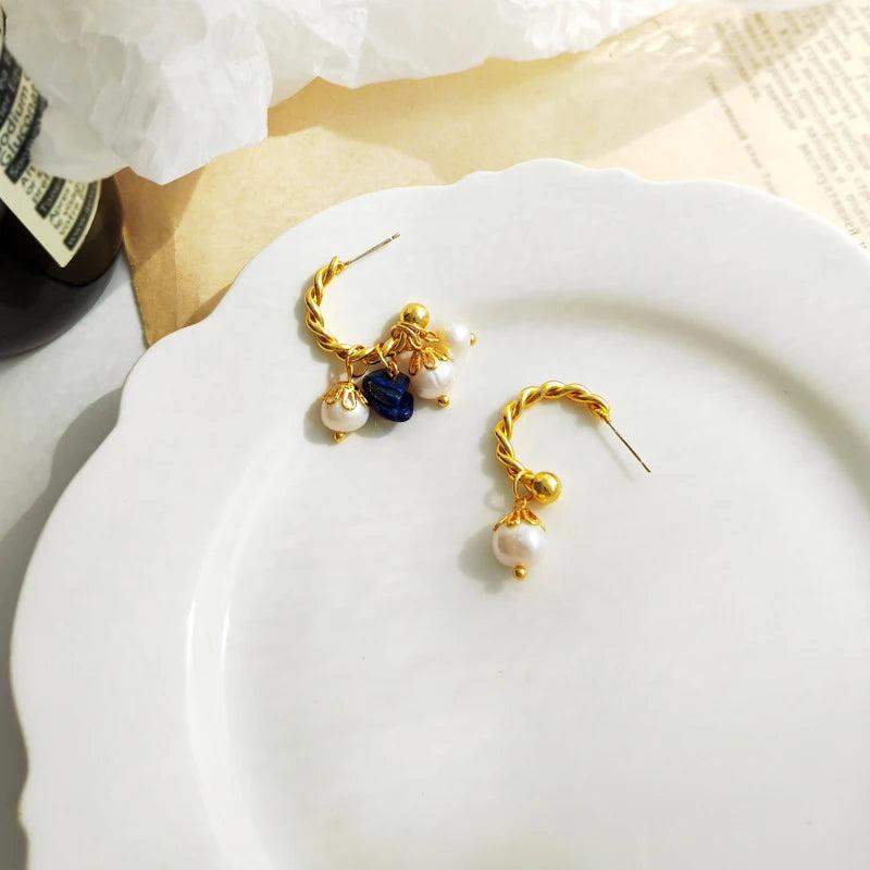 French Asymmetric Twisted Charms Hoop Earrings Nature Stone Pearls