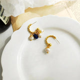 French Asymmetric Twisted Charms Hoop Earrings Nature Stone Pearls