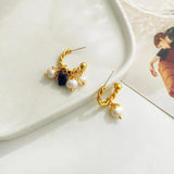 French Asymmetric Twisted Charms Hoop Earrings Nature Stone Pearls