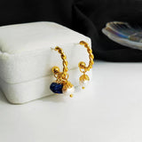French Asymmetric Twisted Charms Hoop Earrings Nature Stone Pearls