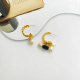 French Asymmetric Twisted Charms Hoop Earrings Nature Stone Pearls